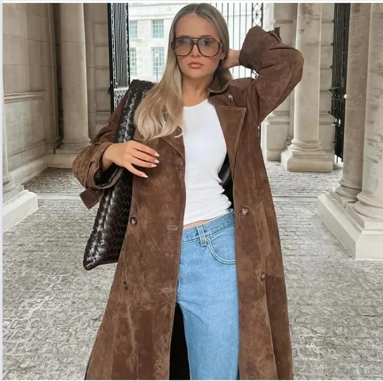 

Elegant Suede Leather Chocolate Belt Long Coat Fashion Double Button Lapel Oversize Jacket Fashion New Autumn Street Windbreaker