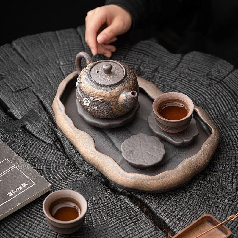 Retro Coarse Ceramic Tea Tray Household Water Storage Dry Soaking Table Elegant Tea Set Vintage Home Decor