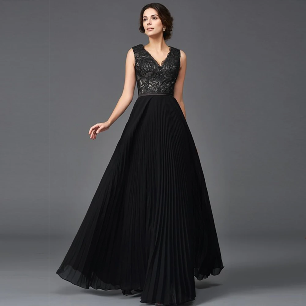 Abito formale nero per la madre 2022 scollo a v senza maniche in pizzo abiti per la madre della sposa Chiffon lunghezza del pavimento personalizzata Robe De Soiree