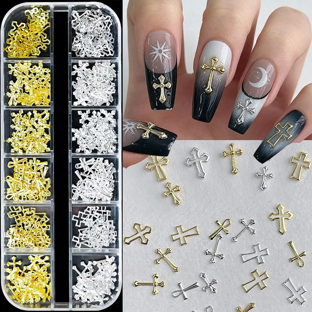 12 rejillas de adornos metálicos para uñas con forma de cruz en oro y plata, mezcla de cruces huecas y sólidas de aleación, decoraciones 3D punk góticas Y2K para arte de uñas