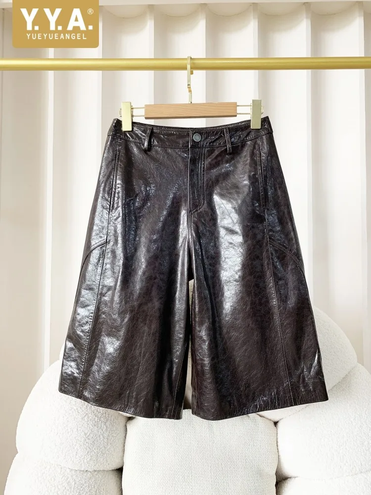 Vintage Oil Wax Natural Genuine Leather Shorts Women Button Fly Knee Length Straight Trousers Harajuku Solid Color Casual Shorts