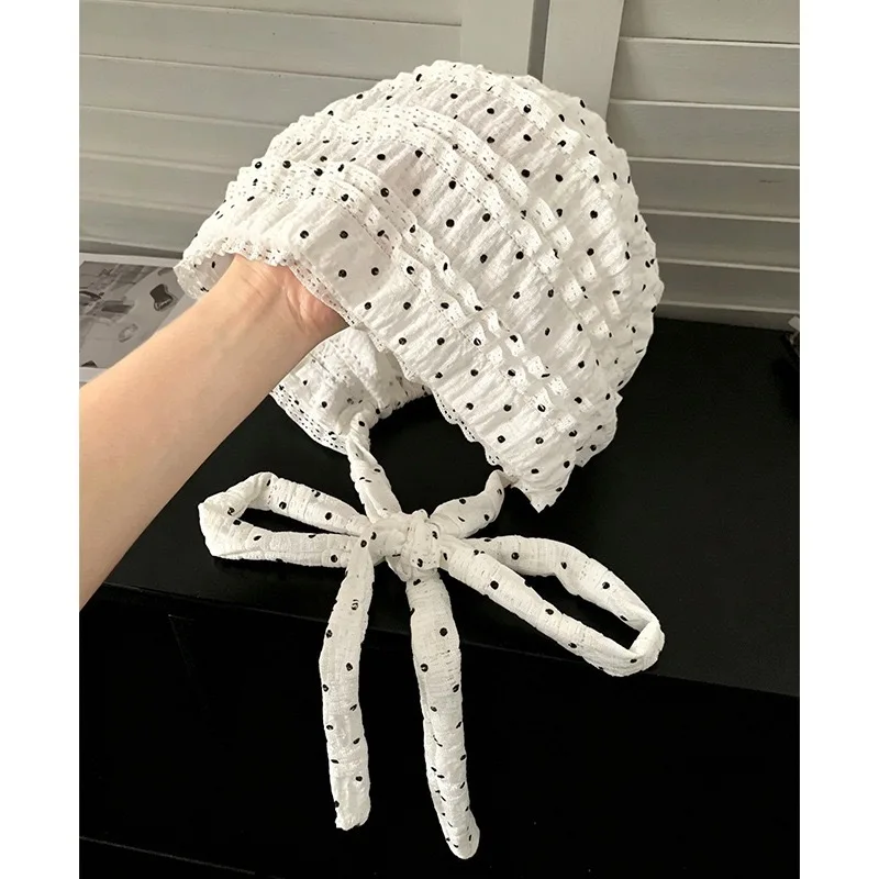 Women Korean INS Polka Dot Head Wrap Bucket Hat Lazy Summer Breathable Lace Trim Slouchy Beanie Face Flattering Beanie Cap