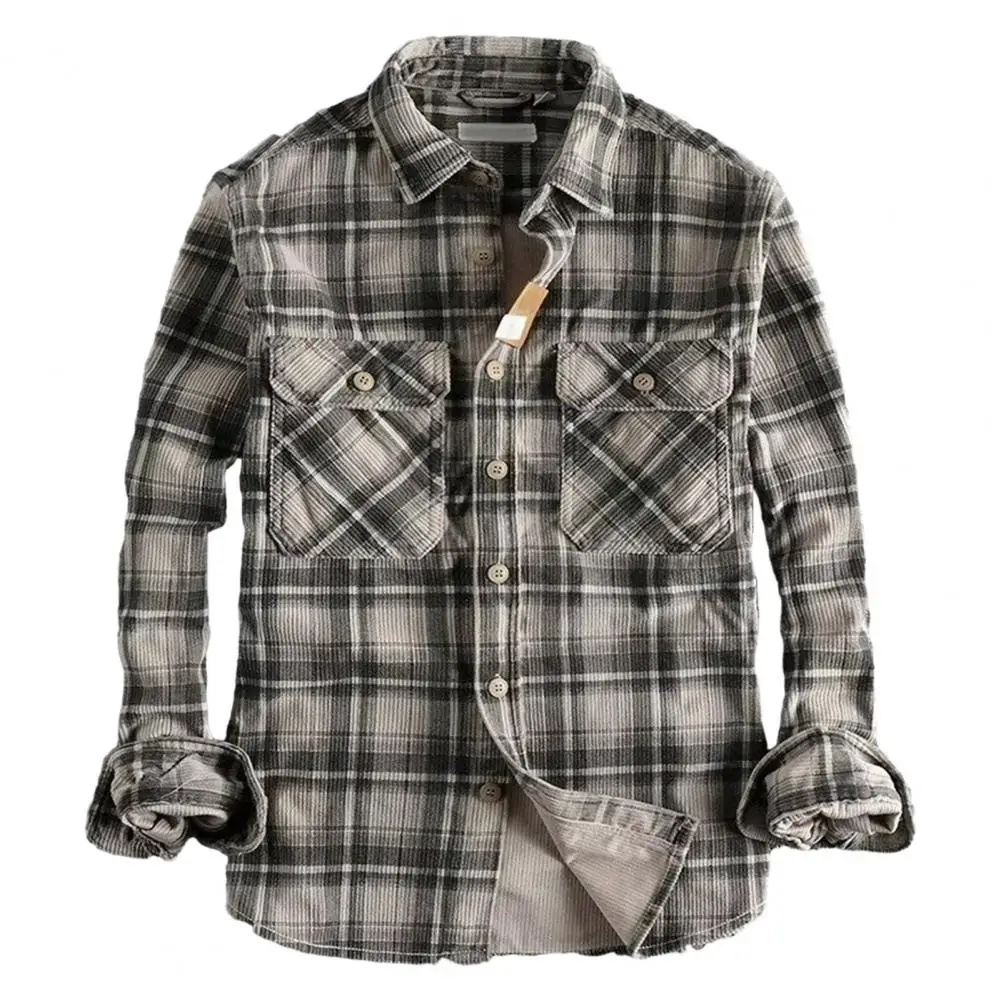 Plaid Shirt Casual Plaid Shirt Men's Plaid Print Cardigan Coat with Turn-down Collar Single-breasted Closure Stylish for Fall