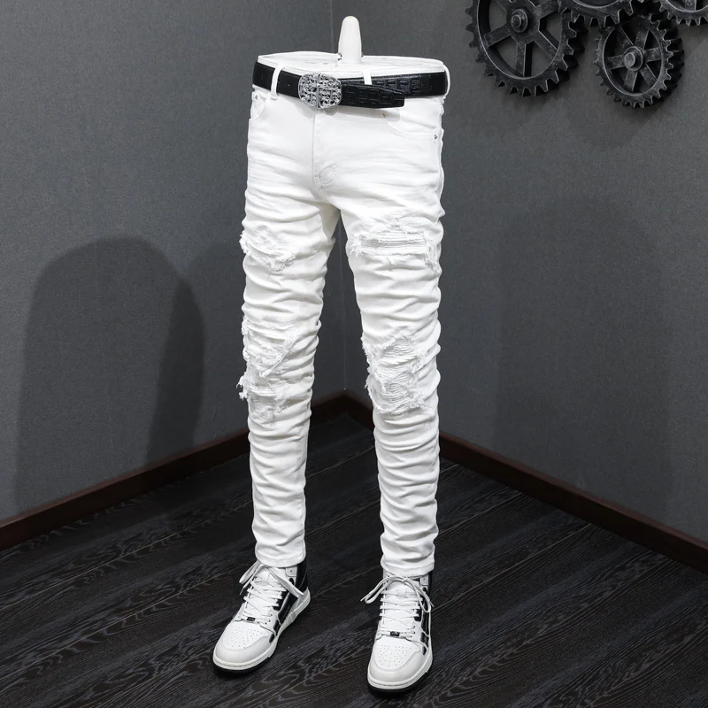 Fashionable new men's jeans with scratch, elastic, slim fit, washed with nostalgia, white jeans, hip-hop brand pants, Y2K
