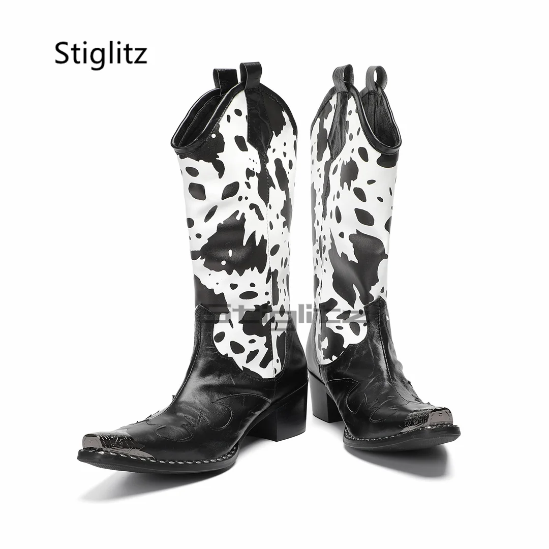 

Men's Cow Pattern Riding Boots Metal Toe Western Cowboy Boots Totem High Heels Genuine Leather Patckwork Knight Boots Male Shoes
