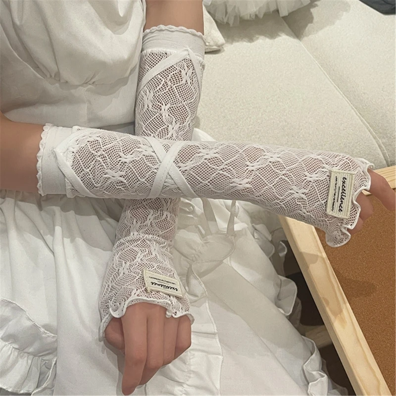 Women Subculture Sleeve Balletcore Arm Sleeves Laciness Tie Net Gloves Elbow Length Fingerless Gloves Arm Cover for Teen Girls