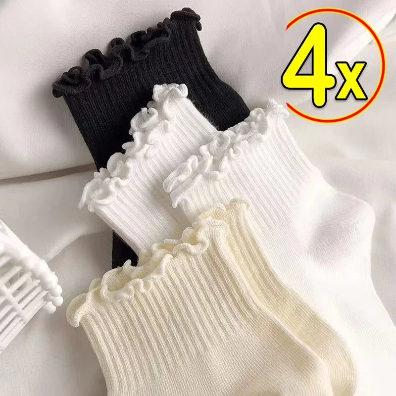 4pcs Socks For Women Cute Summer Japanese Style Breathable Girls Short Socks Kawaii Solid Color Frilly Ruffle Socks Casual Sweet