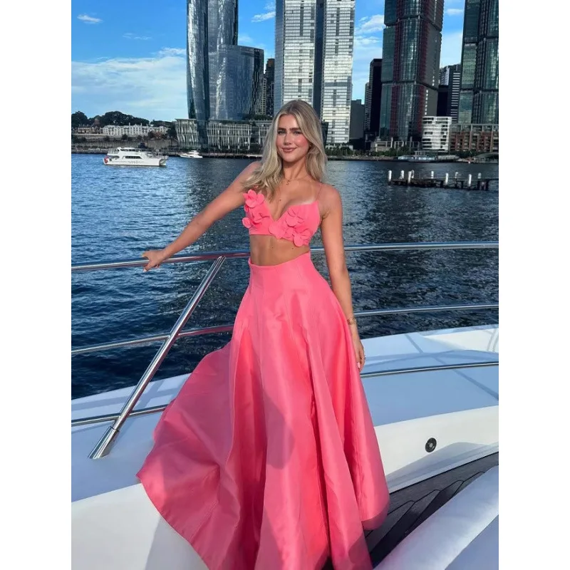 

2025 Spring and Summer New Long Skirt Strapless Set with 3D Flower Pink Beach Vacation Dress