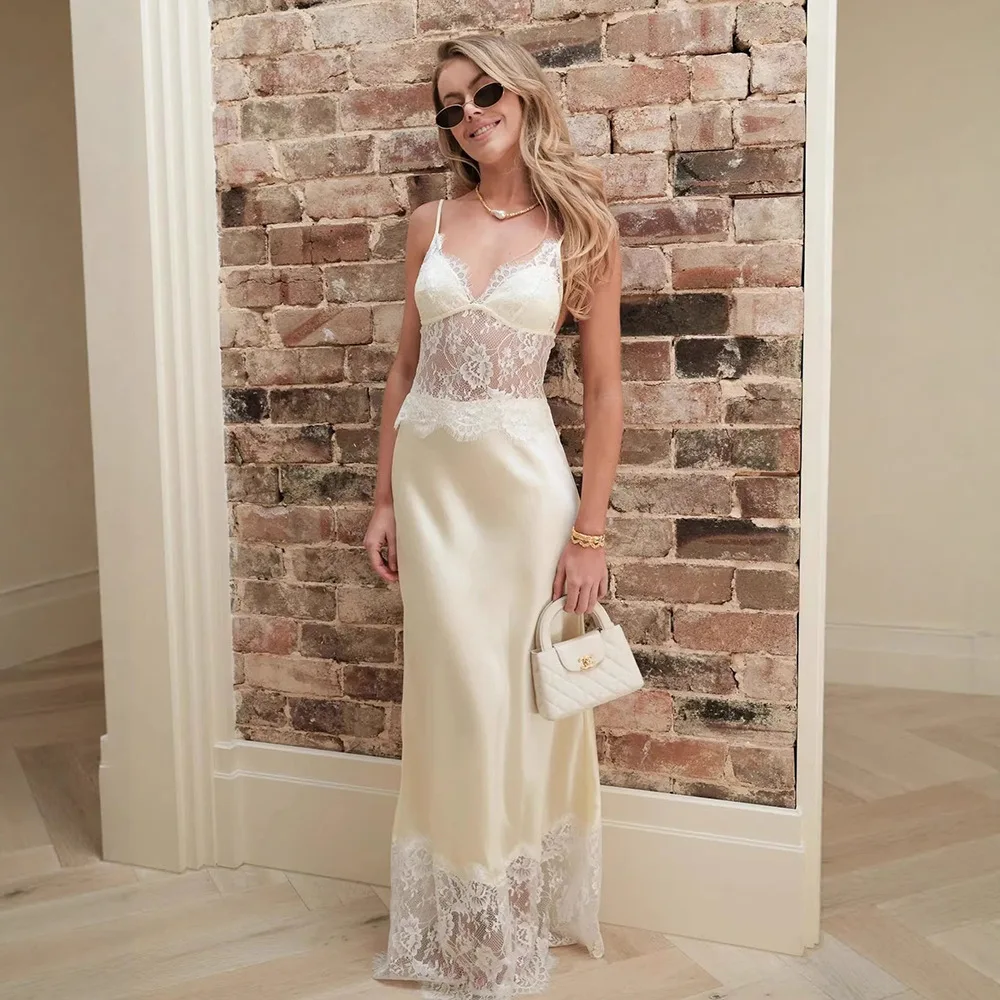 

Lace Patchwork Maxi Dress Women Elegant High Waist See-Through Backless Long Dress Satin V Neck Sleeveless Club Party Dresses