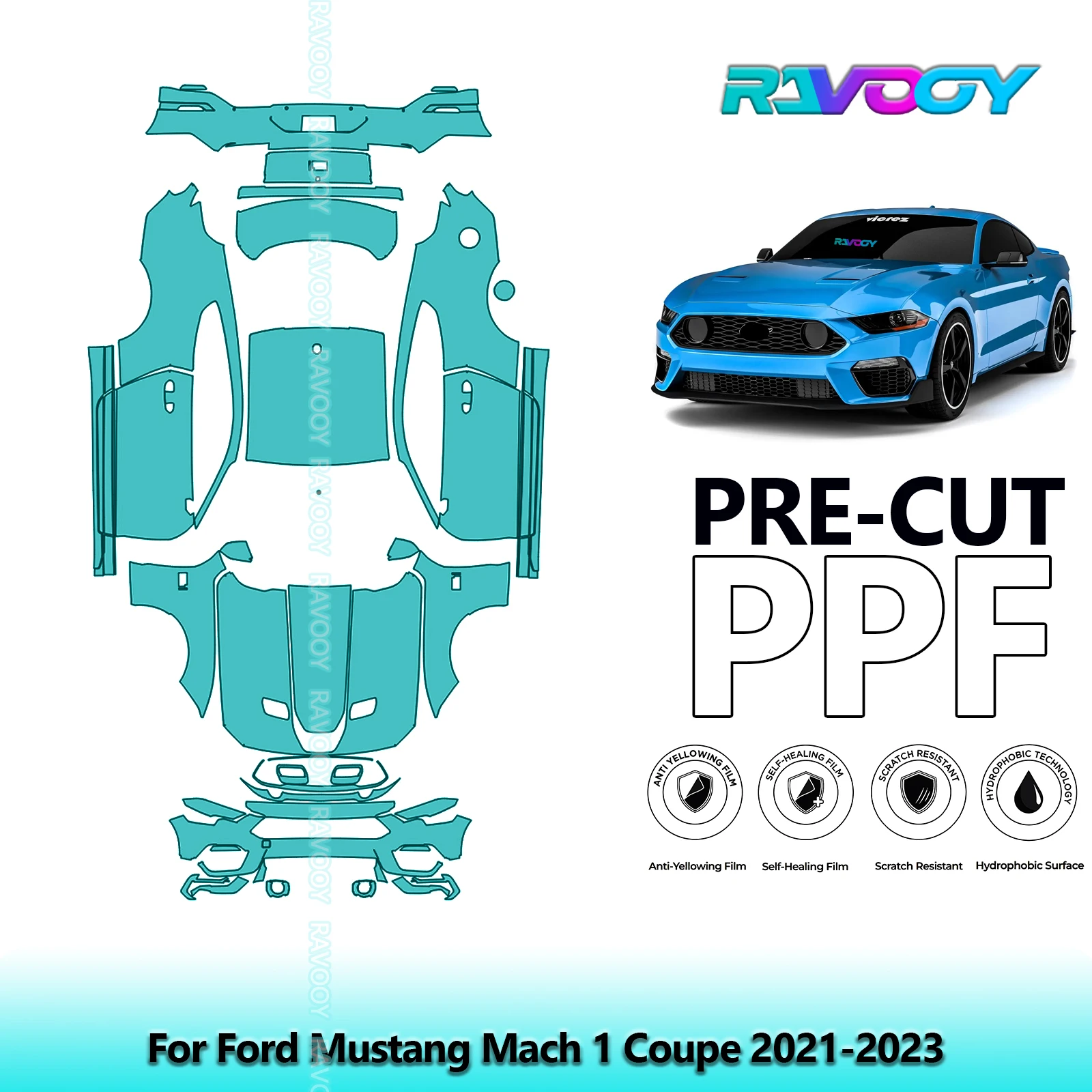 RAVOOY Custom-Fit Precut TPU PPF Full Vehicle Clear Bra Stone Guard EU UK For Ford Mustang Mach 1 Coupe 2021-2023