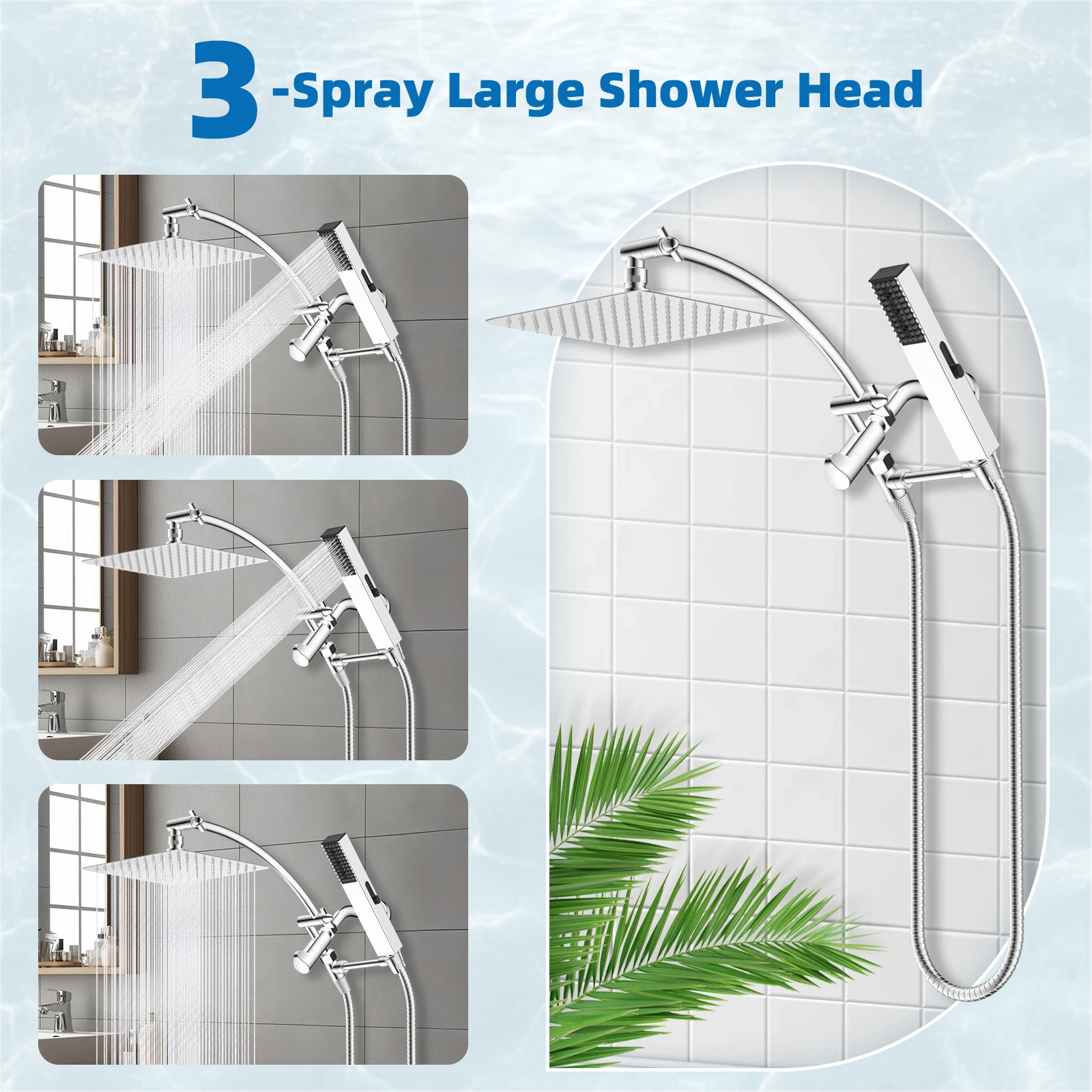 10-Inch High Pressure Shower Head with Handheld Spray Combo, 12'' Shower Extension Arm, Adjustable Shower Head Holder