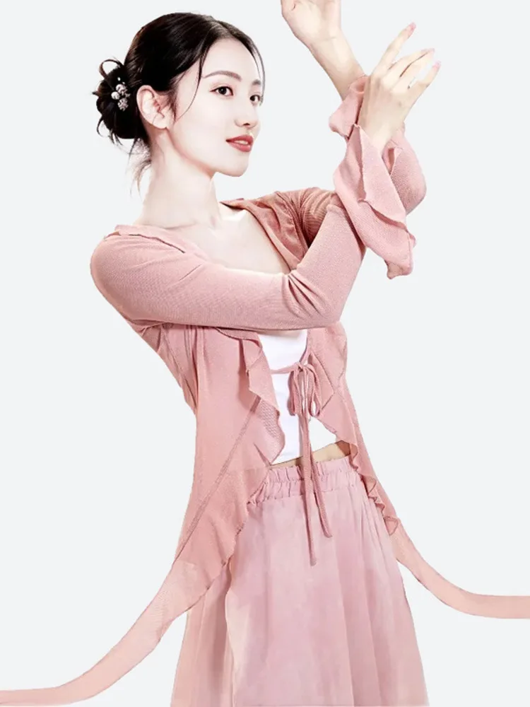 سترة أنيقة ذات لون شبكي وأكمام طويلة مكشكشة، سترة رقص رفيعة لأداء المسرح الحديث