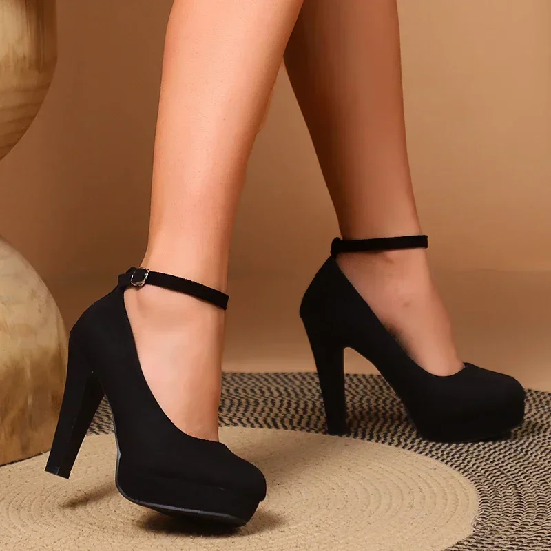 Black Super High Heels Pumps Women Ankle Buckle Stiletto Heels Platform Office Shoes Woman Sexy Round Toe Party Ladies Shoes