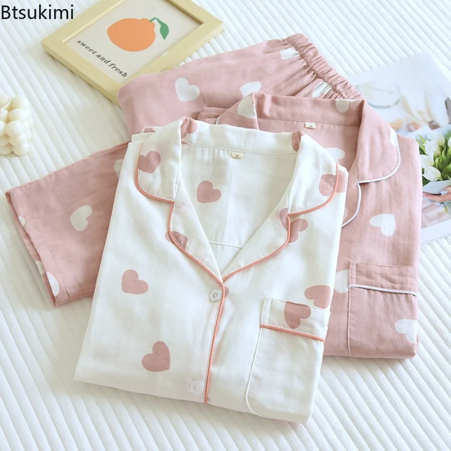 100% Cotton Gauze Pajamas for Women Love Heart Print Sweety Sleepwear 2025 Spring Autumn Nightwear 2 Piece Sets Women Loungewear