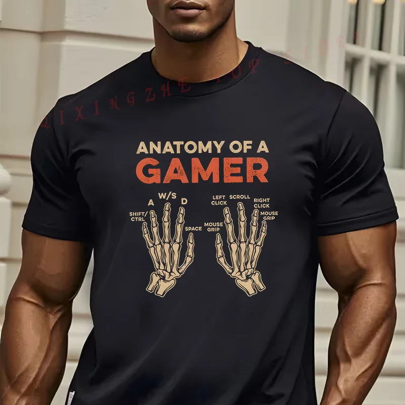 

Мужская футболка с графическим принтом «Анатомия геймера», крутой черный дизайн, повседневный топ с круглым вырезом и короткими рукавами
