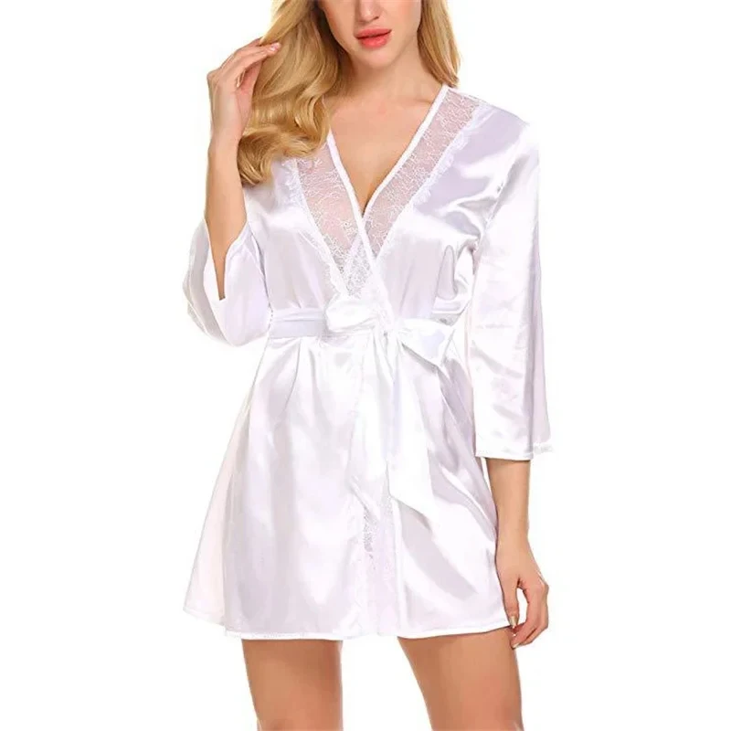 Women\'s Satin V-Neck Lace Trimmed Bathrobe Pajamas Women\'s Solid Color Sexy Casual Pajamas with Belt Pajama Set