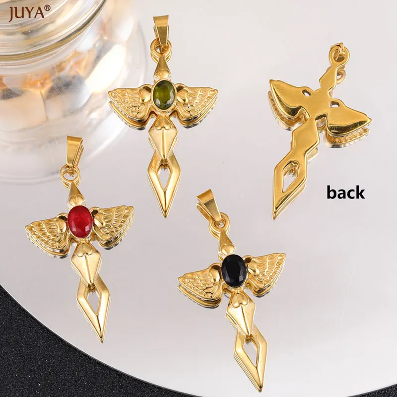 JUYA New Copper Plated Gold Pendants Natural Zircon Cross Talisman Charms For Women Necklaces DIY Jewelry Making Accessories