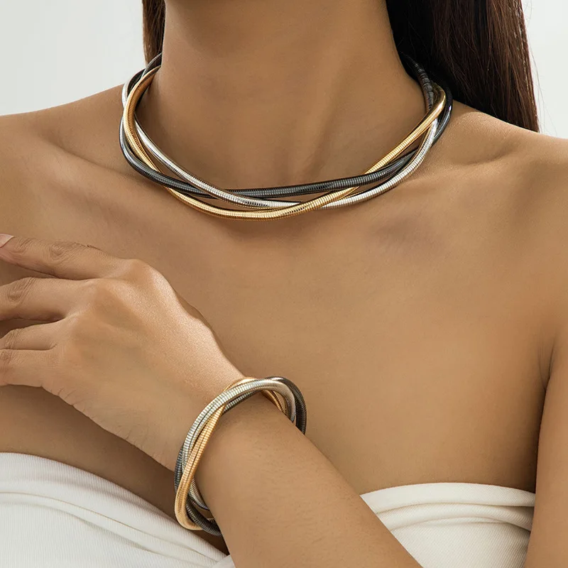 

Hip Hop Snake Chains Necklace Bracelet Set for Women Punk Geometric Gold Silver Color Metal Banglles Exaggerated Jewelry Set