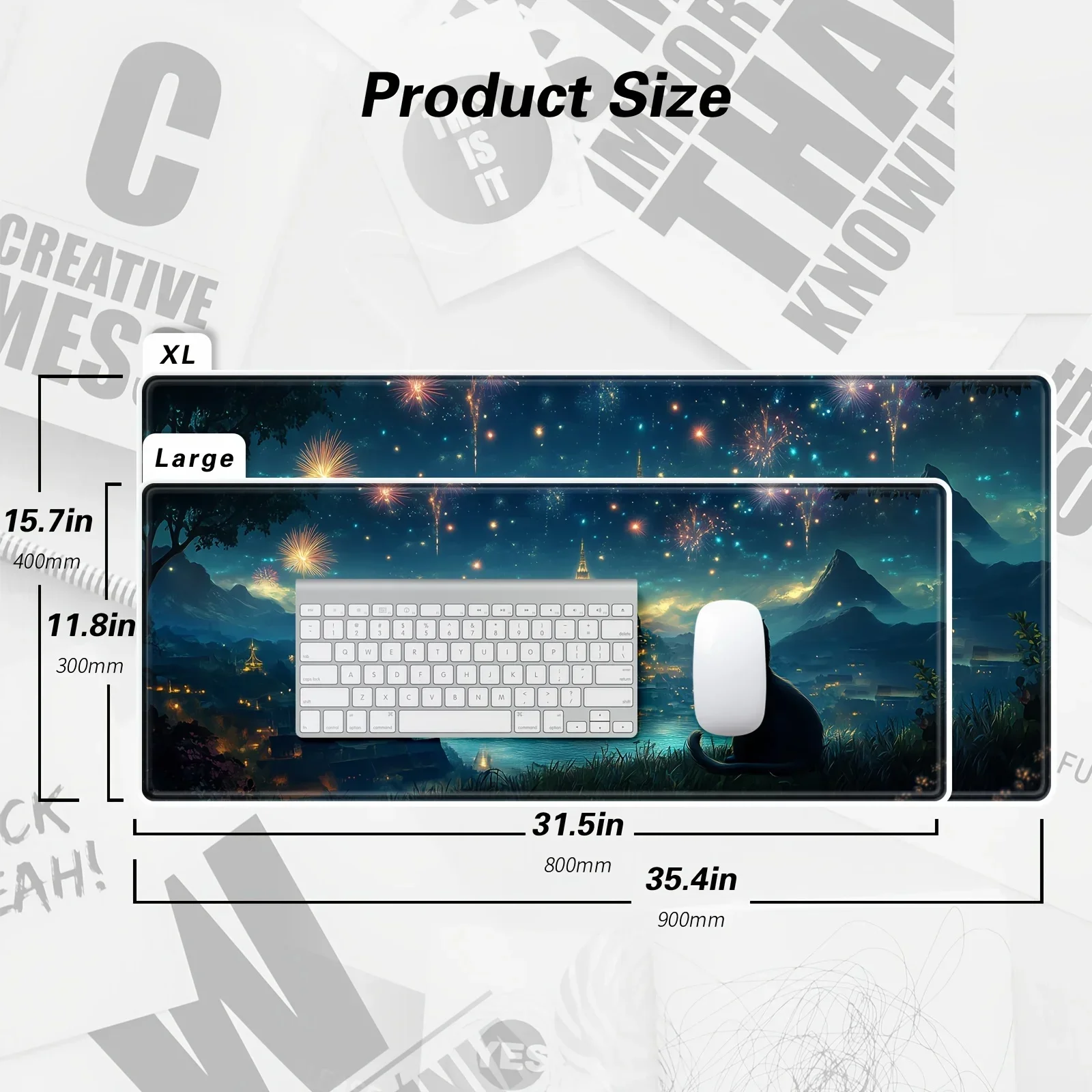 XXL Fantasy World Black Cat Mouse Pad PC Desk Mat Rubber 400x900x3mm Non-Slip Mousepad Stitched Edges for Gaming Office Home Rug