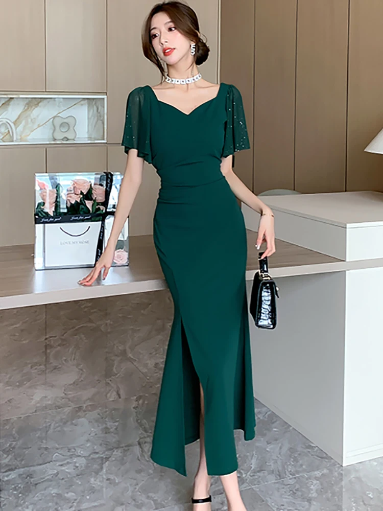 

2025 Green Elegant Bright Silk Butterfly Sleeve Midi Dress Women Korean Bodycon Ruffled Long Dress Summer Fashion Chic Vestidos