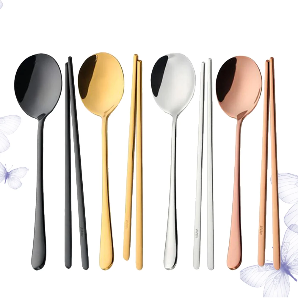 4 Sets Dinner Service Tableware Korean Spoons Silverware Flatware Stainless Steel Cutlery Portable Kit