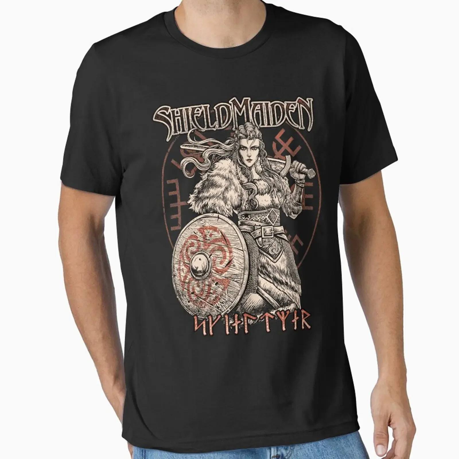 Female Viking Shieldmaiden Norse Younger Futhark Runes Vegvisir Essential T Shirt vintage Washed graphic homme Casual