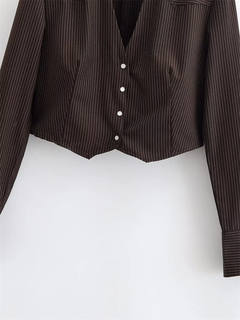 Women's Shirt 2025 Winter New Style Red-Brown Striped Long-Sleeve Short Shirt Jacket with Shoulder Pads Trendy and Fashionable - Image 4