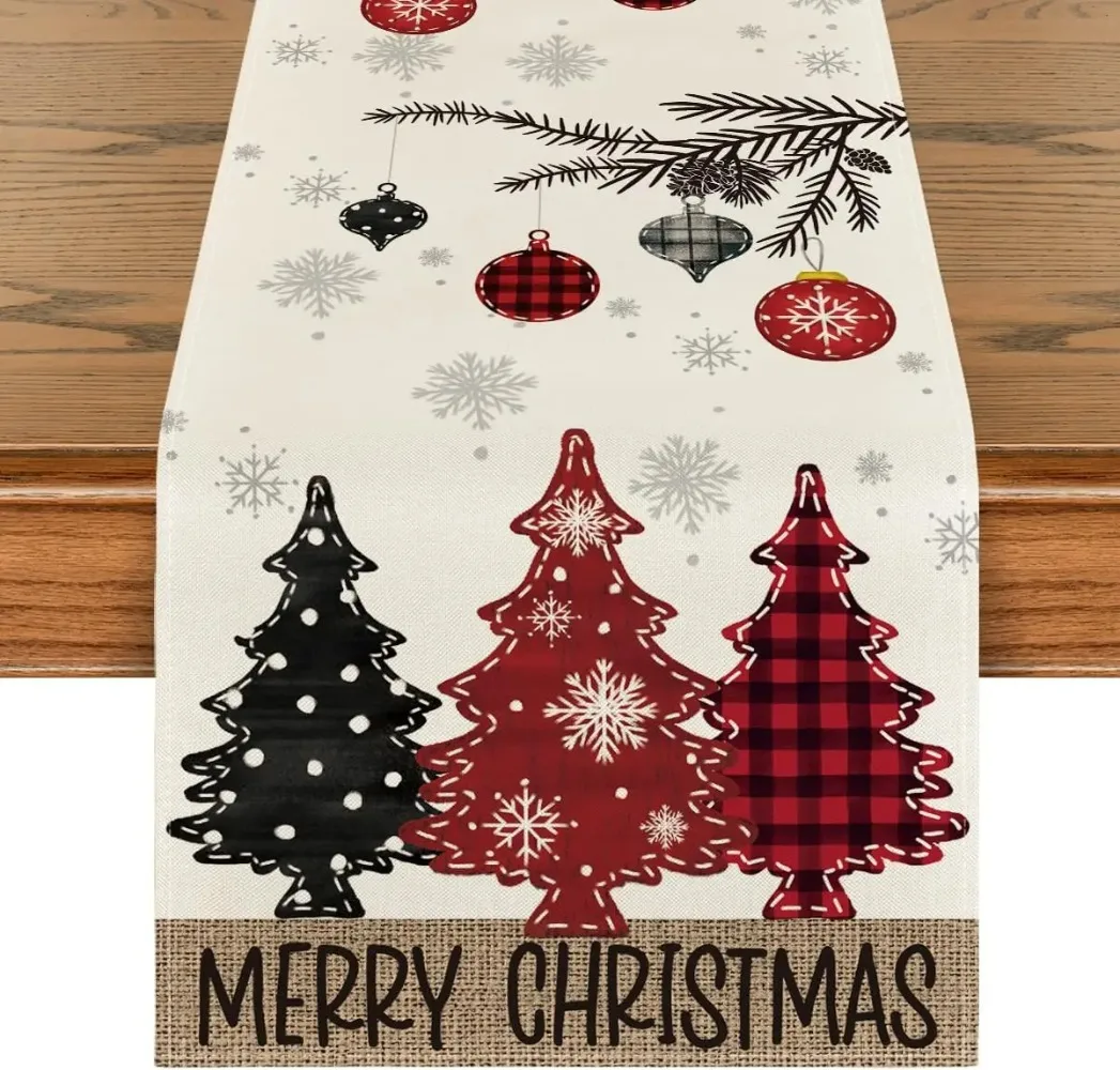 Merry Christmas Red Pine Trees Linen Table Runner Winter Xmas Holiday Party Kitchen Dining Table Decor Navidad Decorations