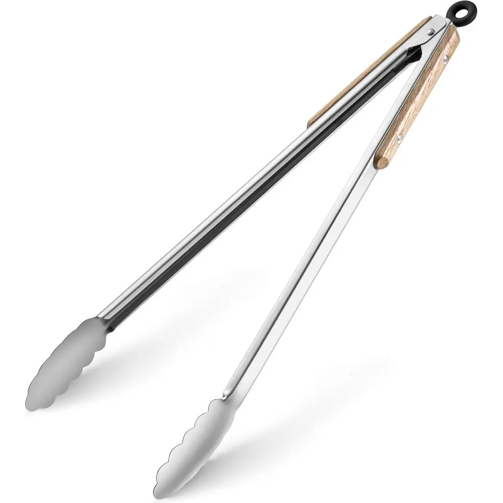 17-Inch Grill Tongs - Locking Metal Tongs with Oak Wood Handles, Stainless Steel Kitchen Tongs for Cooking, Grilling, BBQ, Servi