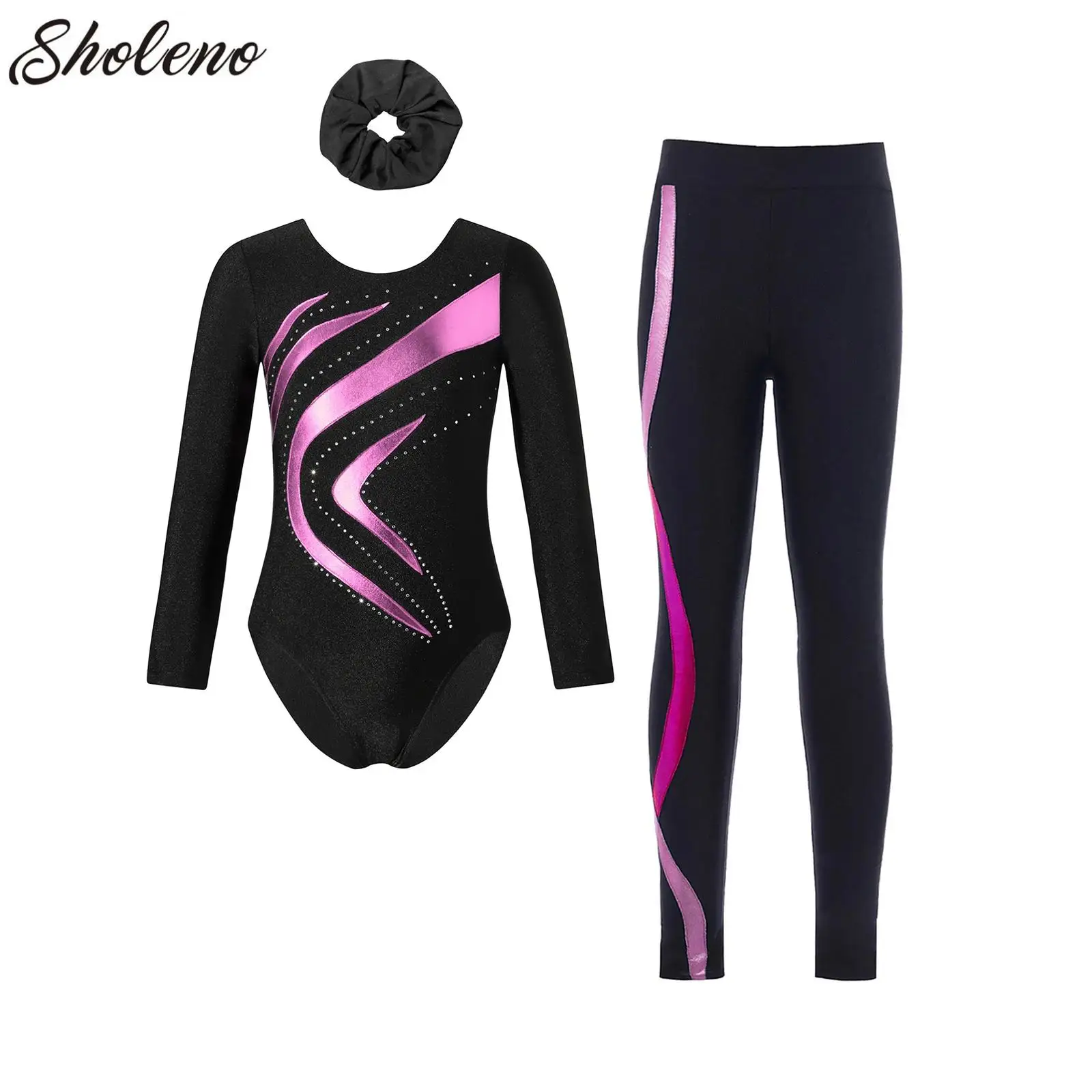 

Kids Girls Sports Dance Outfits Gymnastics Set Long Sleeve Ballet Leotard with Leggings Figure Skating Stage Performance Clothes