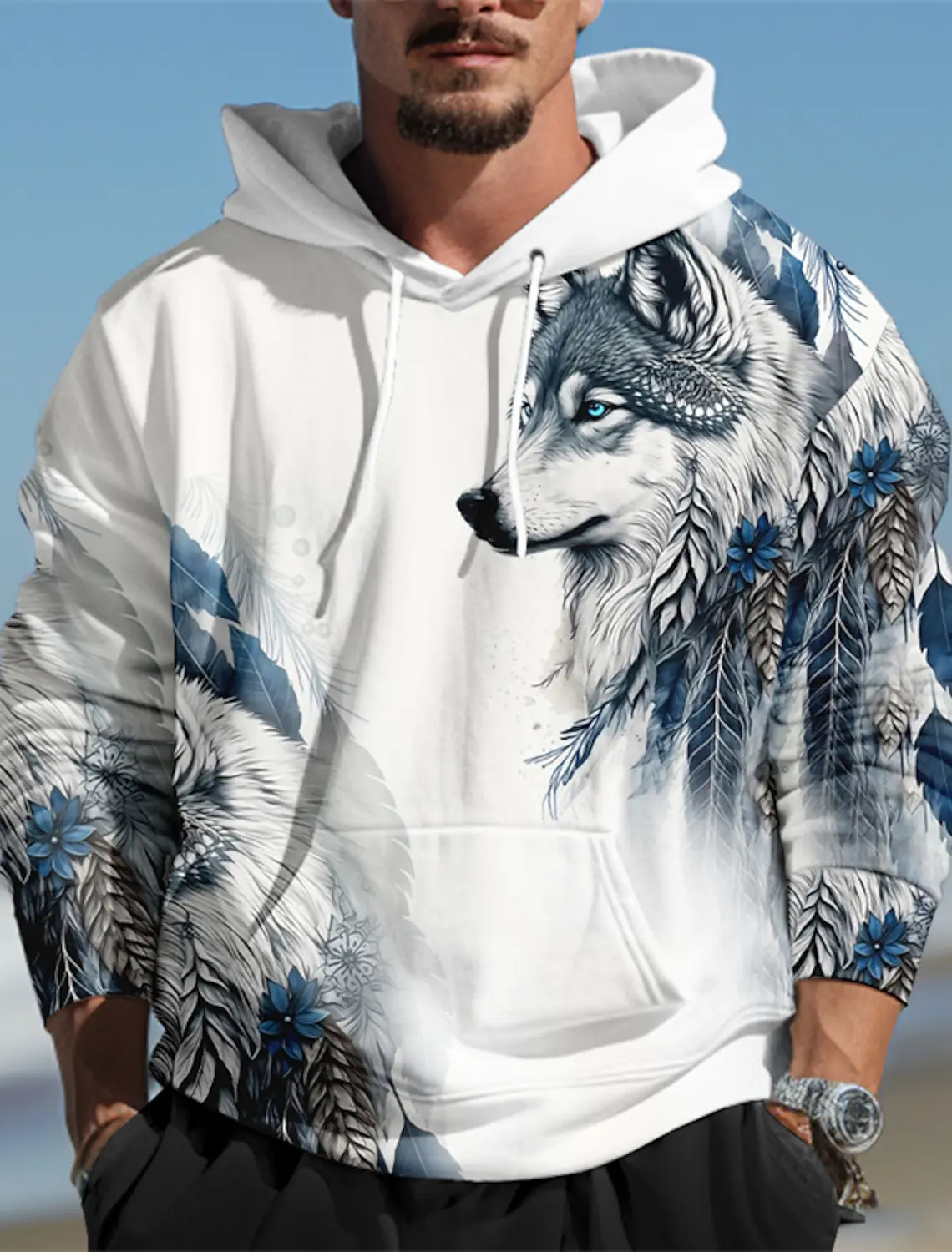 Men Sport Hip Hop Hoodie Native Wolf Print Streetwear Oversized Hooded Sweatshirt Casual Long Sleeve Pullover Hoodies