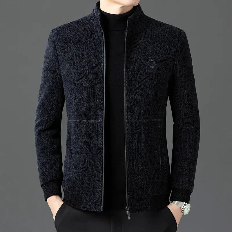 Autumn and winter jacket 2025 new middle-aged men's wool chenille plus velvet single-breasted business woolen