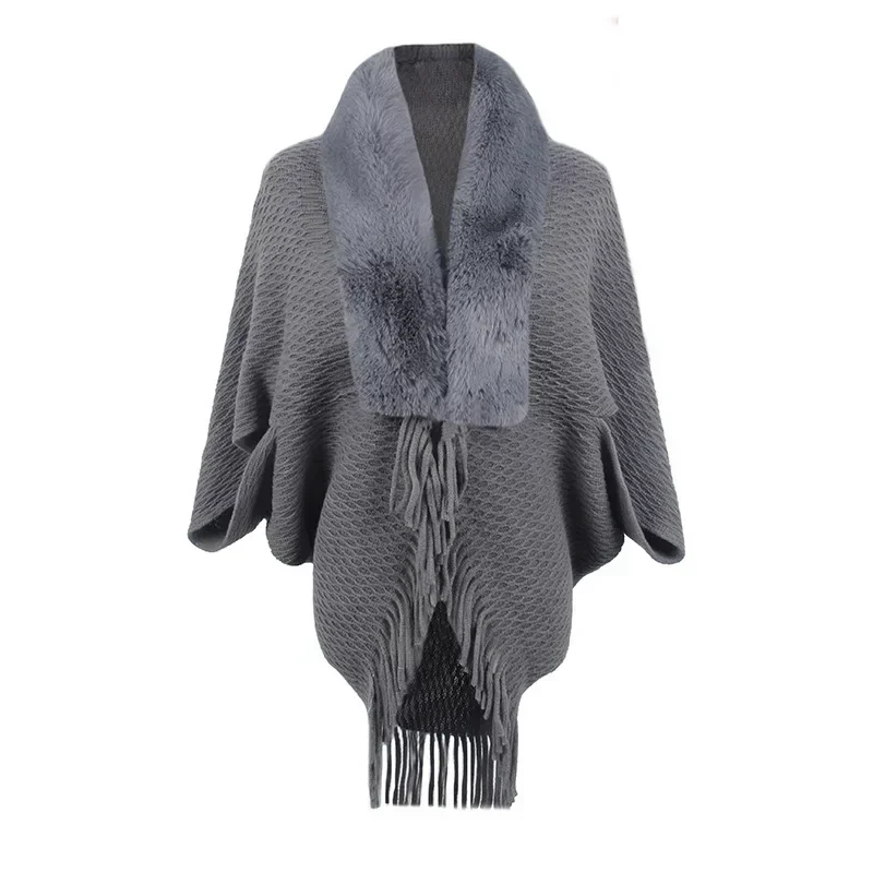 Women's Sweaters Coats Solid Color FashionTassel Capes Plush Collar Bat Sleeve Knitted Cardigan Ponchos