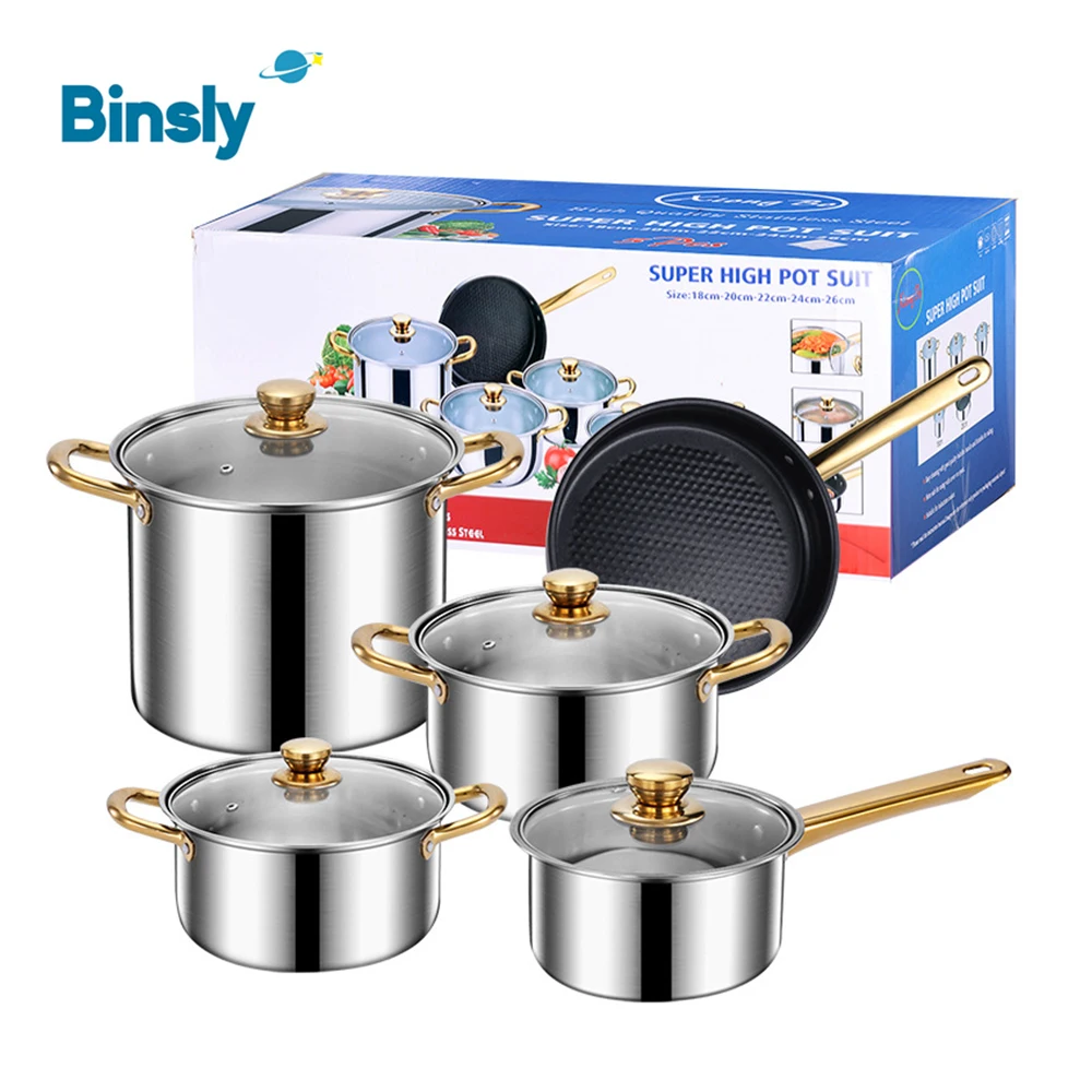 Premium 5-Piece Stainless Steel Cookware Set with Glass Lids & Handles Non-Stick Frying Pan & Stock Pots for Kitchen Cooking