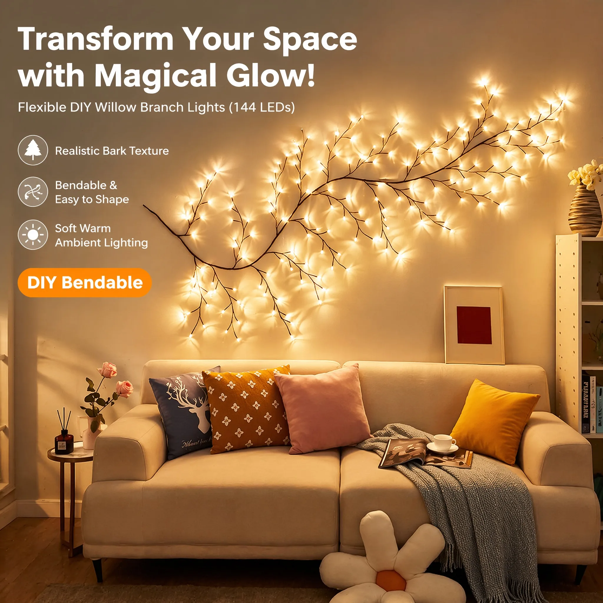 Flexible DIY Willow Vine Branch Lights LED Warm Glow Artificial Bark Texture Bendable Fairy Lights String Aesthetic Room Decor Wall Garland Hanging Vine Lamp for Fall Autumn Harvest Halloween Thanksgiving Christmas Home Living Room Bedroom