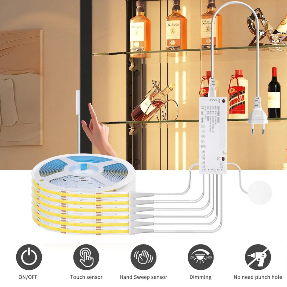 

12V Under Cabinet Collection COB LED Strip Light AU EU UK US Penetrable Dimmable Touch Switch Led Bookcase Kitchen Closet Light