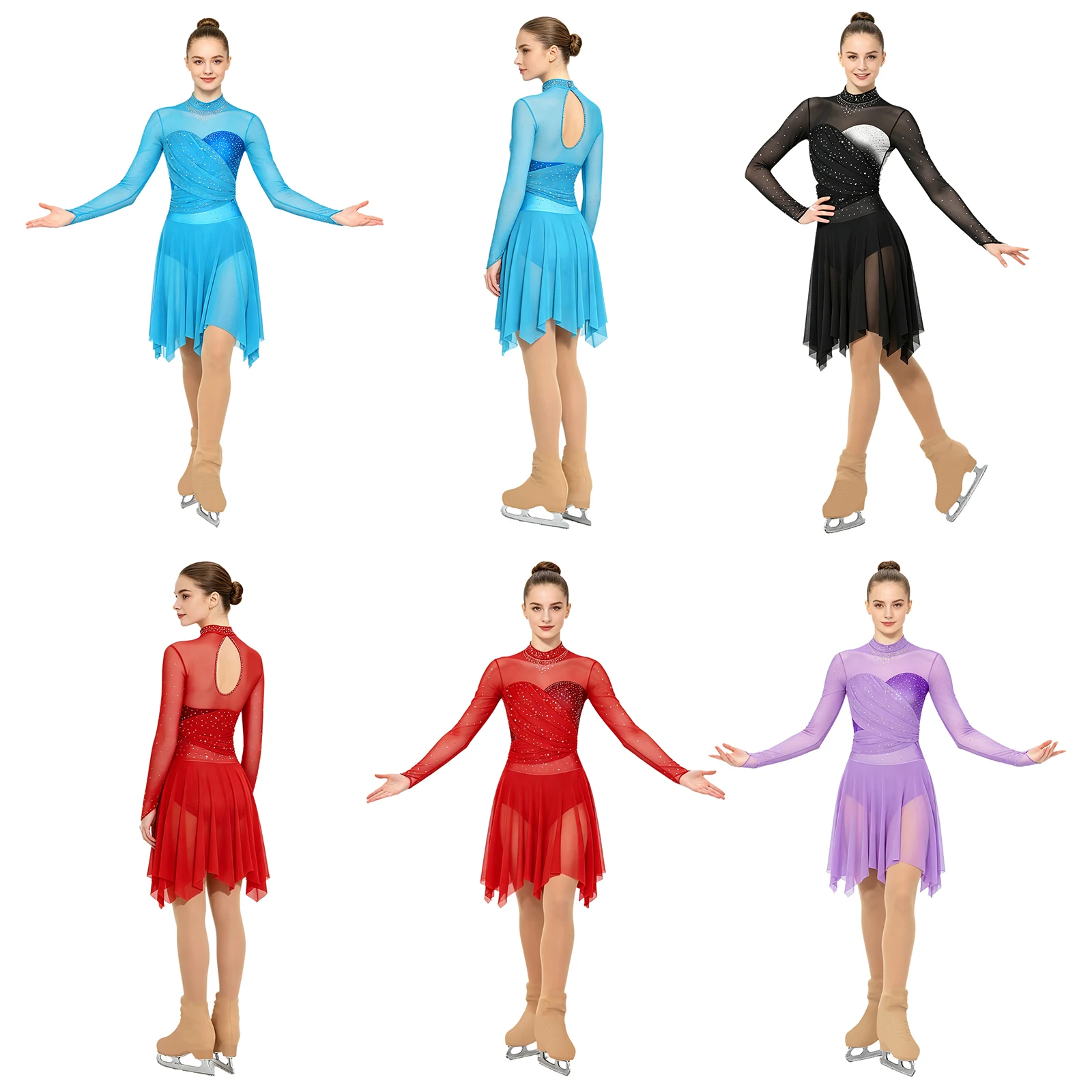 Women Figure Skating Dress Lyrical Dance Ballet Gymnastics Acrobatics Leotard Dresses Sheer Mesh Shiny Rhinestone Dancewear