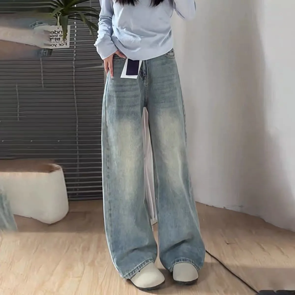 Retro Wide Leg Denim Jeans Women's Summer New Style Pear Body Shape Loose Feel Slim Straight Tube Pants High Waist Zipper
