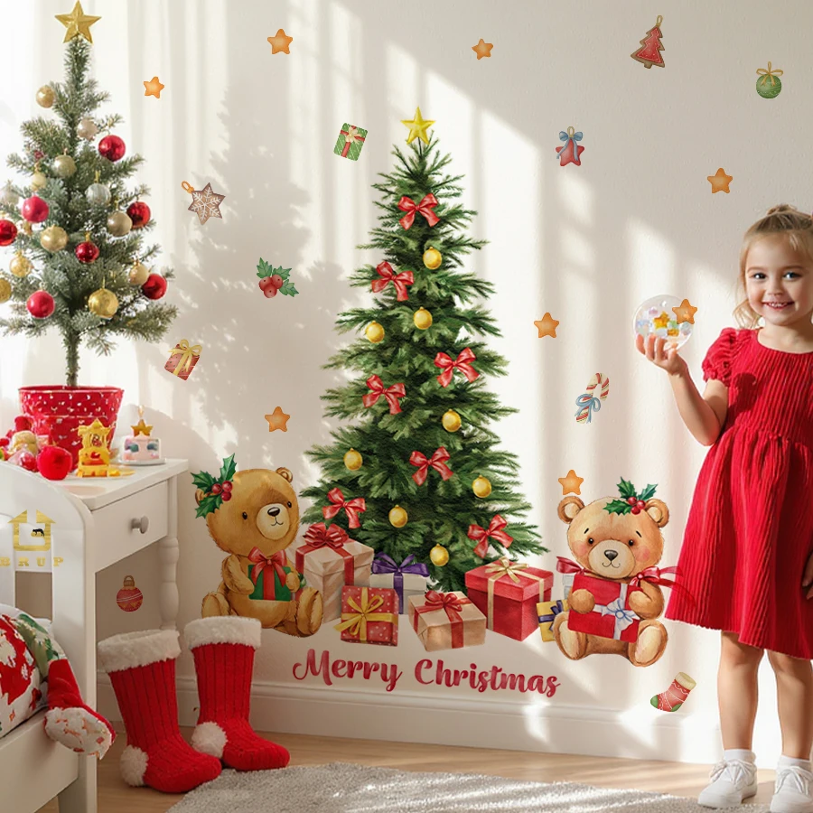 Christmas Wall Stickers -Green Christmas Tree With Red Bows Removable PVC Decals For Kids' Room Living Room Nursery Decor