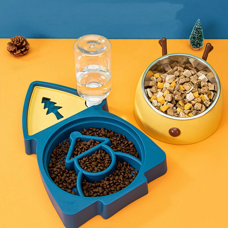 New Arrival Christmas Style 3 In 1 Automatic Drinking Pet Cat Dog Food Bowl With Slow Feeder Function