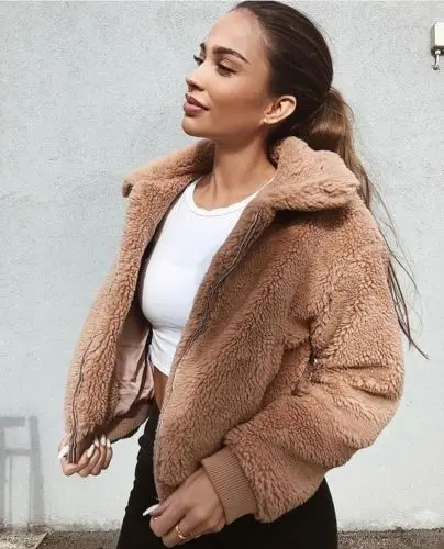 Women Thick Warm Teddy Bear Pocket Fleece Jacket Coat Zip Up Outwear Overcoat Winter Soft Fur Jacket Female Plush Coat Elegant