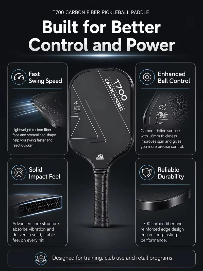 T700 Raw Carbon Fiber Pickleball Paddle Set 2 Paddles 4 Balls 16mm Cold Pressed Professional USAPA Approved Racket for Spin