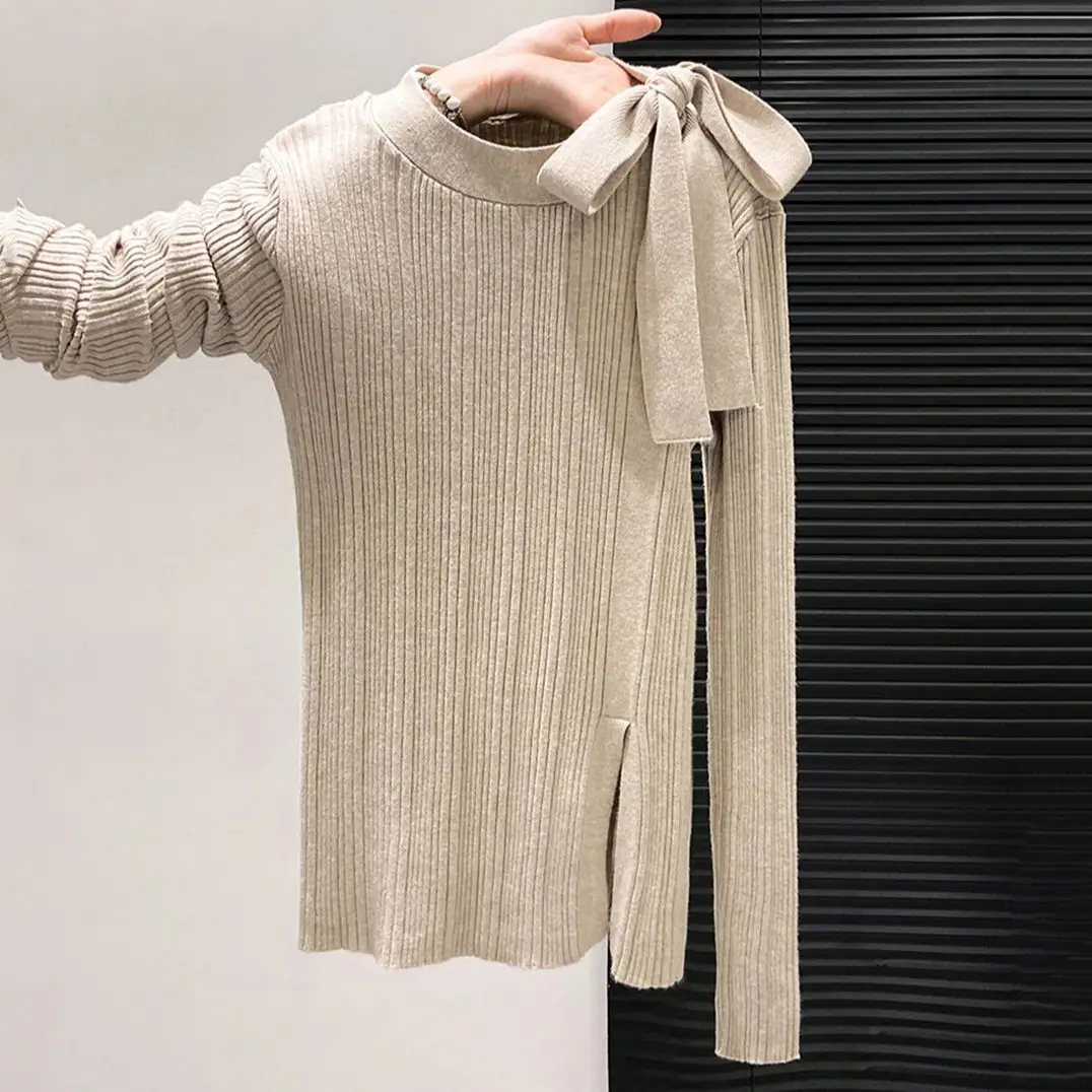 

Вязаный свитер с длинными рукавами во французском стиле, женский вязаный свитер с галстуком-бабочкой, осень 2022, новый облегающий свободный универсальный пуловер с базовым слоем, топ