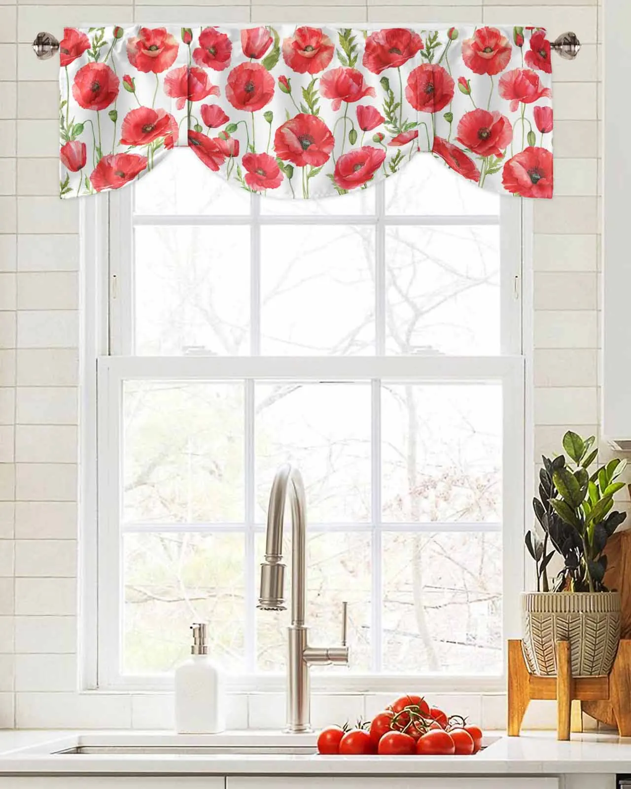 Watercolor Red Poppy Flower Window Curtain Living Room Kitchen Cabinet Tie-up Valance Curtain Rod Pocket Valance