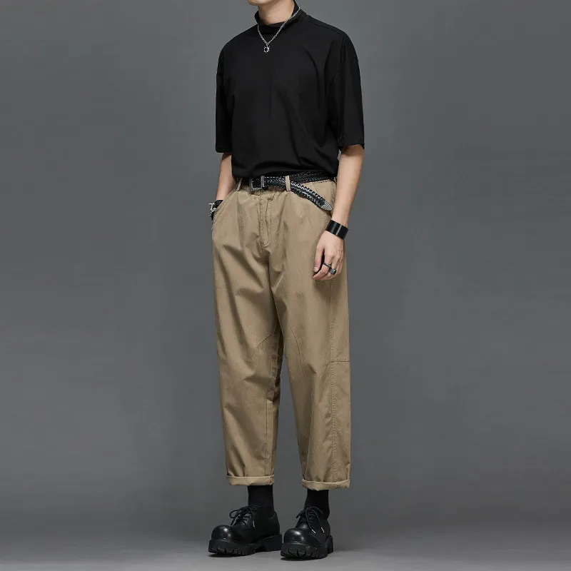 Quality 5743 Cotton Japanese-Style Retro Men's Straight Loose, Simple and All-Matching Cropped Casual Pants