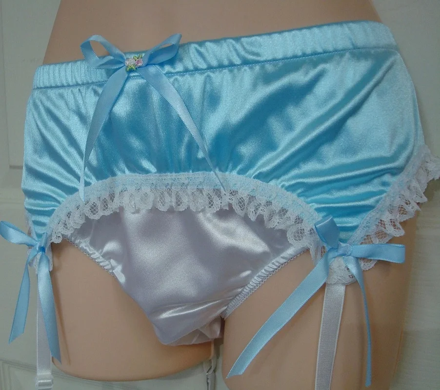 

Adult sexy Sissy blue and white garter straps with satin and lace patchwork triangle shorts