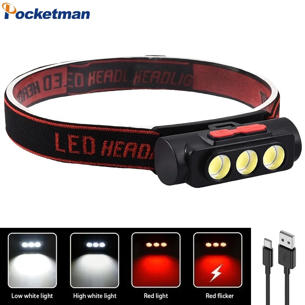 Bright LED Headlamp USB Rechargeable Headlight Mini Fishing Head Flashlight with Red Lighting Powerful Waterproof Camping Torch