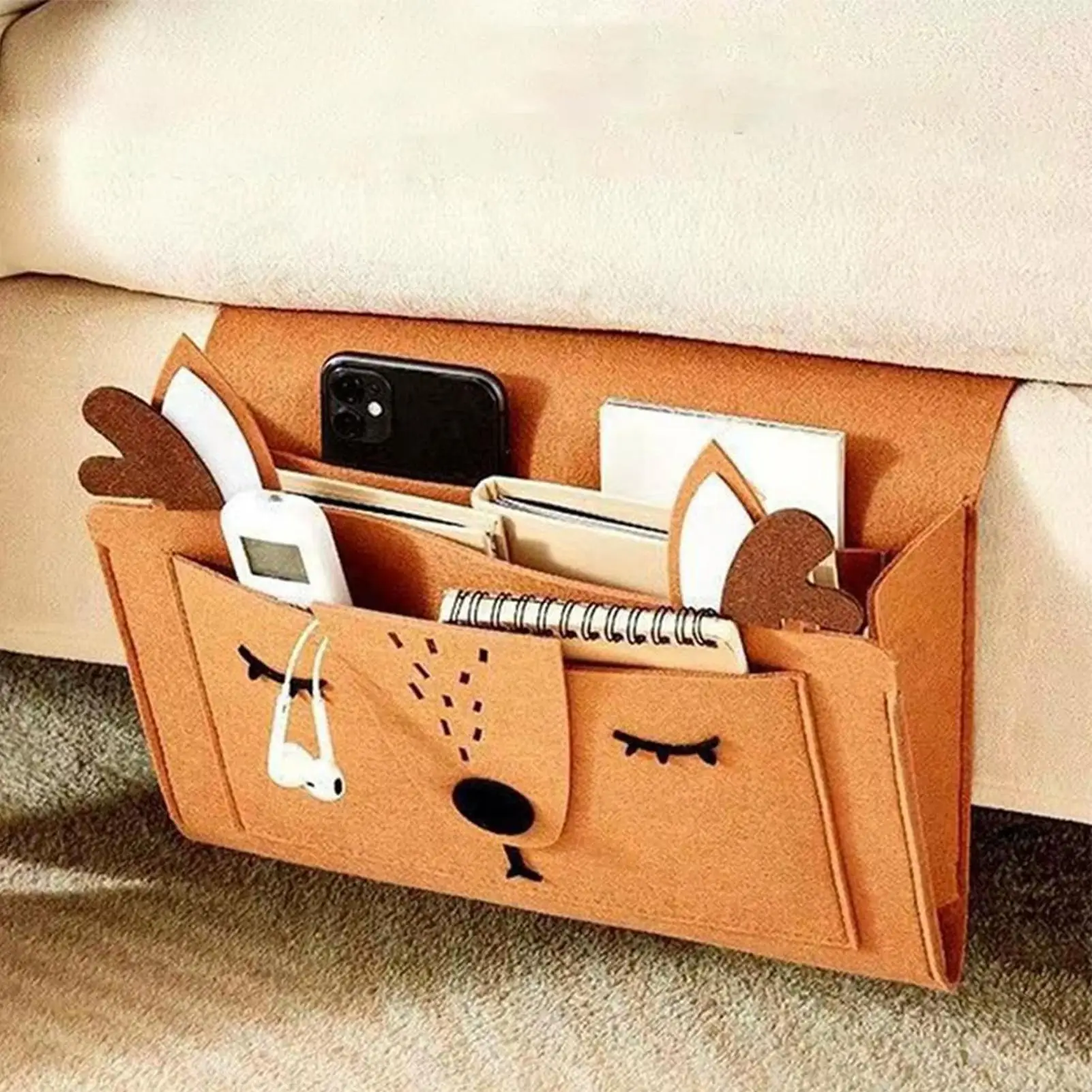 Bedside Caddy Cute Felt Anti-Slip Storage Bag with 4 Pockets Bunk Bed Organizer Caddy for Phone Glasses Charging Cables Books