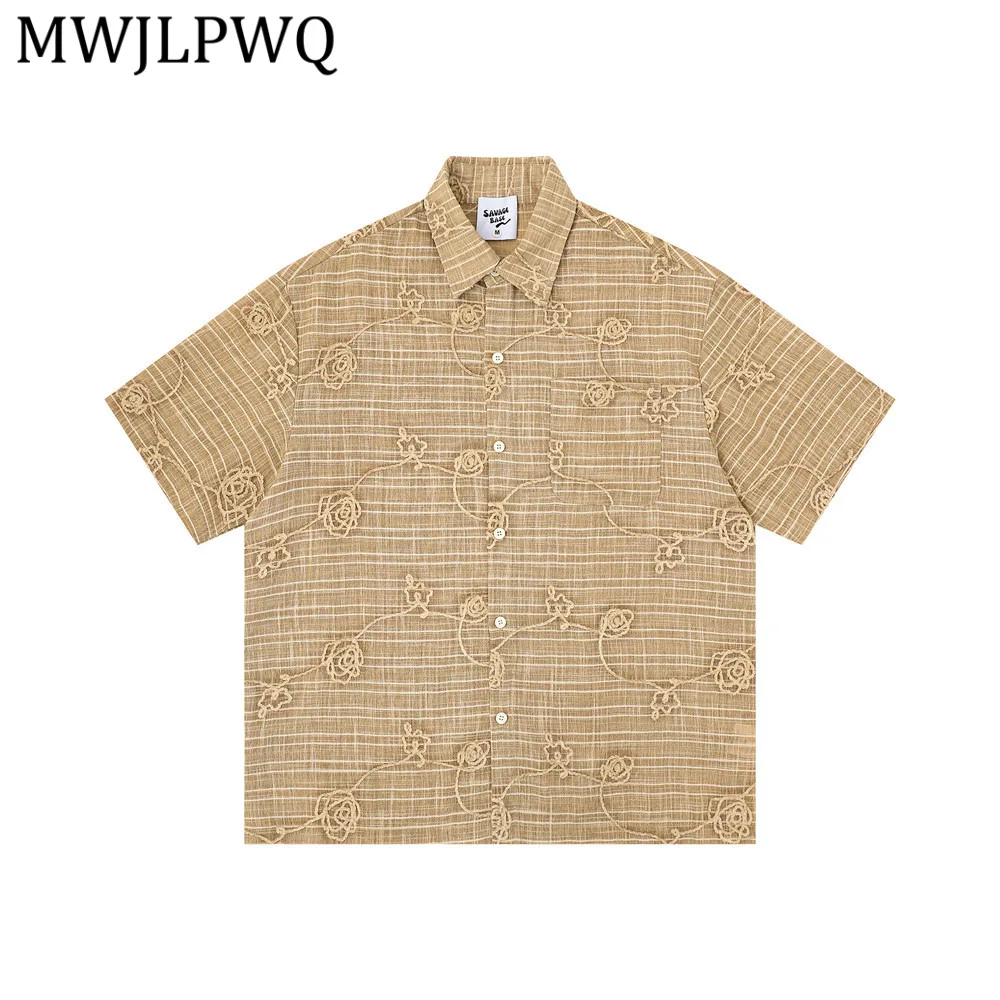 

MWJLPWQ Short-sleeve Textured Floral Pattern Striped Shirt Men's Lapel Unique Design Loose Casual Tops Summer Vibe Trendy 15187