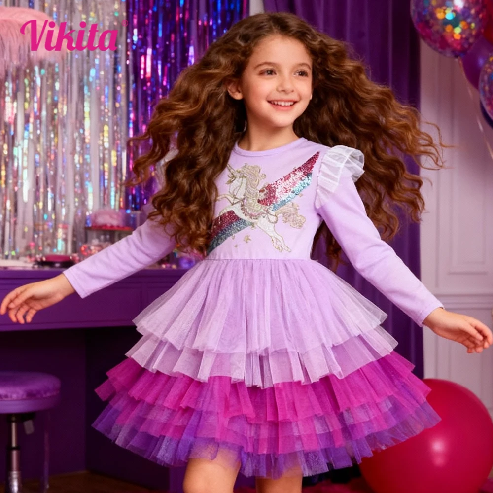 VIKITA Girls Long Sleeve Purple Ruffled Shoulders Dresses Kids Sequined Unicorn Tiered Tulle Mesh Tutu Princess Dress Outfit